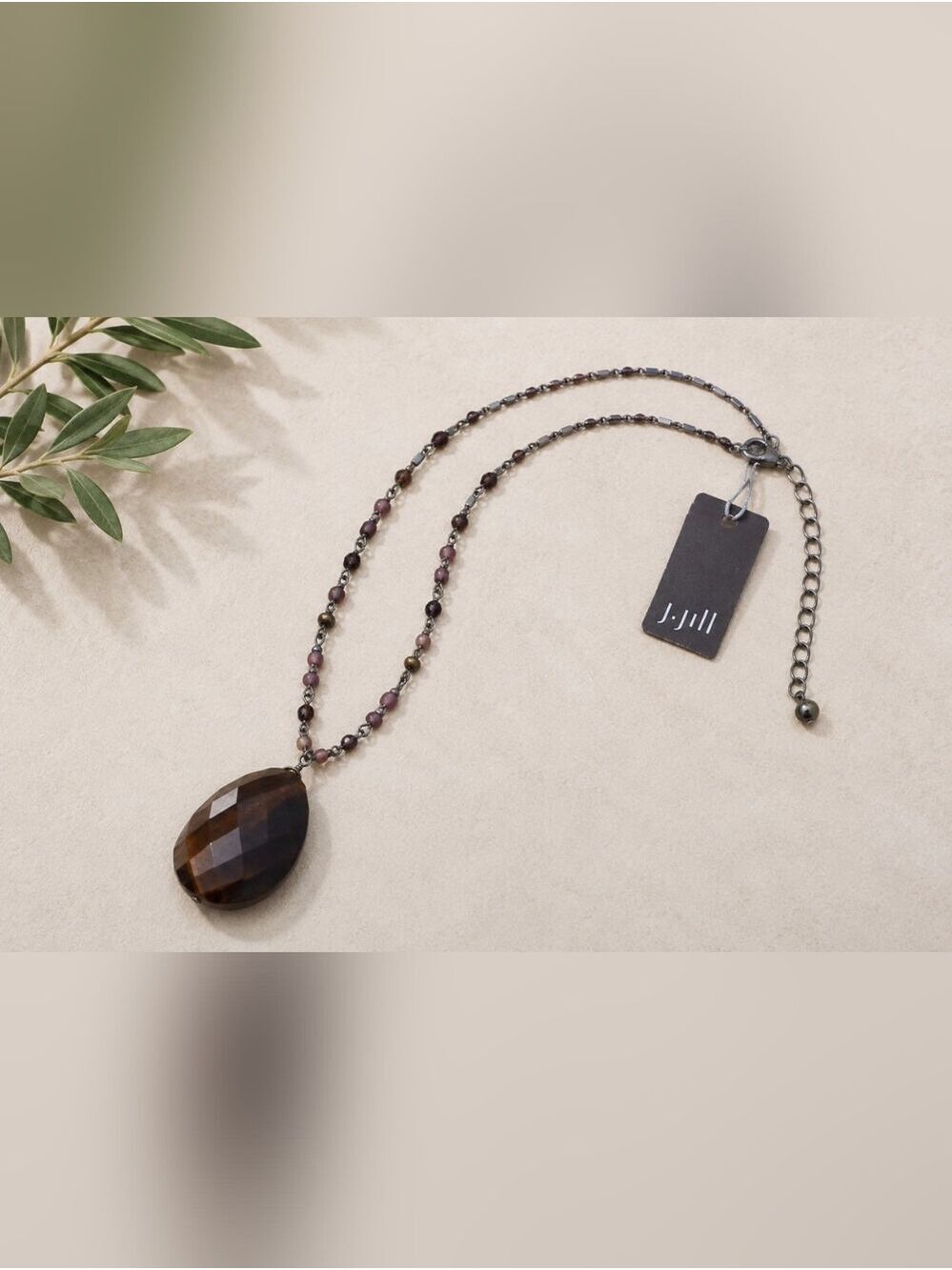 J.Jill Brown Mauve Beaded Pendant Long Silver Necklace Boho Artisan